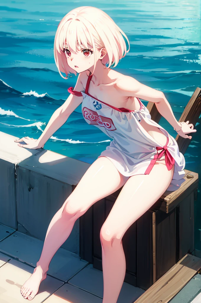 Random Swimsuit,,Blushing、Pale red eyes、Light cream colored hair、short hair、Head to toe full body、Blushing、Embarrassed look、Composition from the front、A view from slightly below、school swimwear、Acme Face、Random pose、, 、nsfw、Highest quality、1 girl、solo、Ocean、Sandy Beach、Sexy pose、Random pose、Blushing、Wet、Embarrassed、I can see half of my 、、One piece swimsuit、(Strap slip:1.3)、