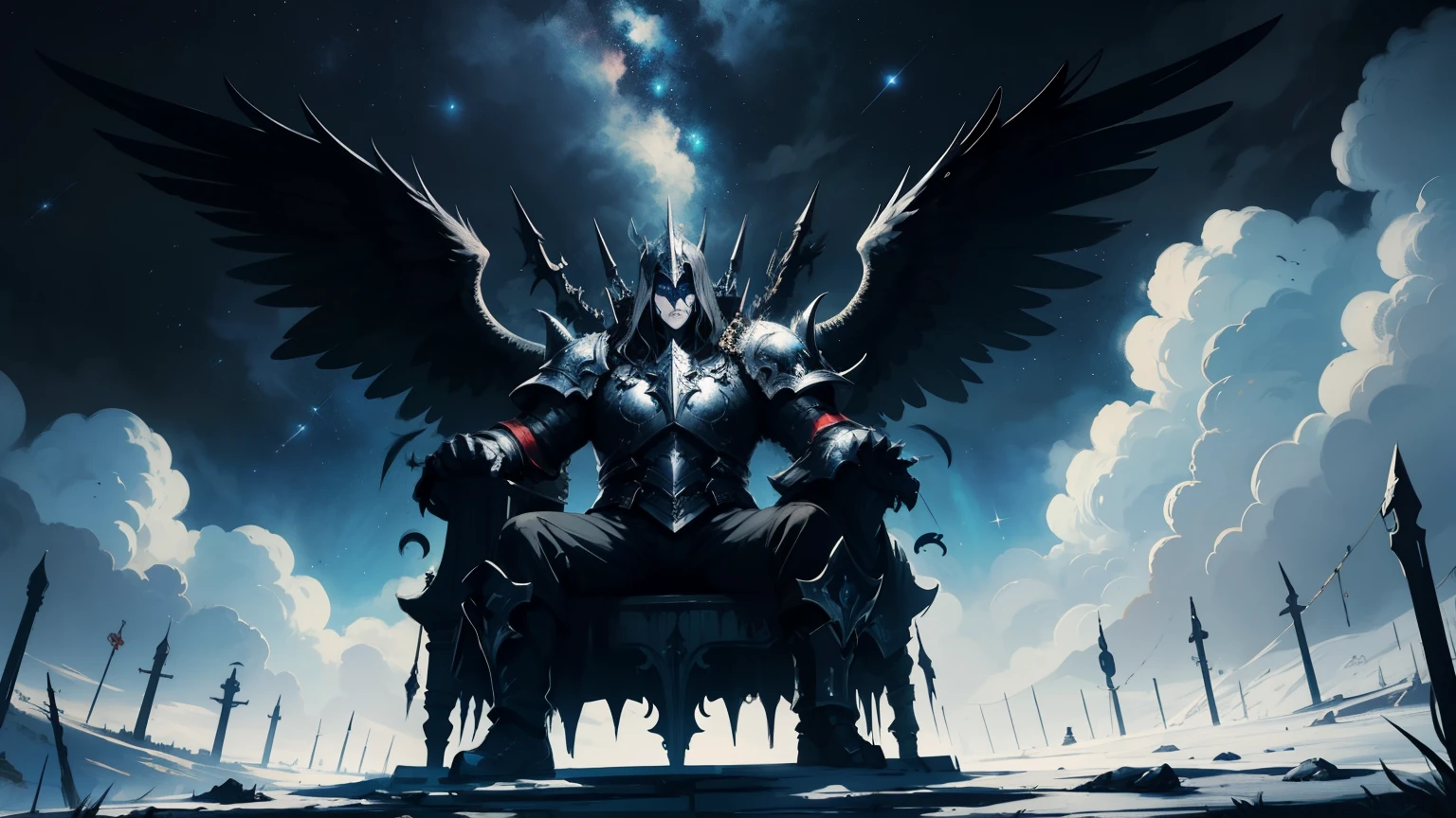 paladin, more robust, with all black metal outfit, sitting relaxed on his throne with the background amidst the heavens and below a battle arena, with 4 black wings on its back,  with the face uncovered without armor.
