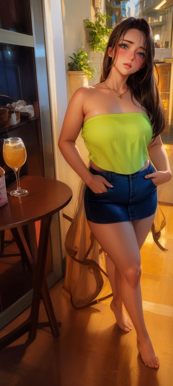 realisitic, 1girl, light hair , greeneyes, glare eyes, top cropped, overskirt, half-open lips, blush, luz seios medio, bunda grande