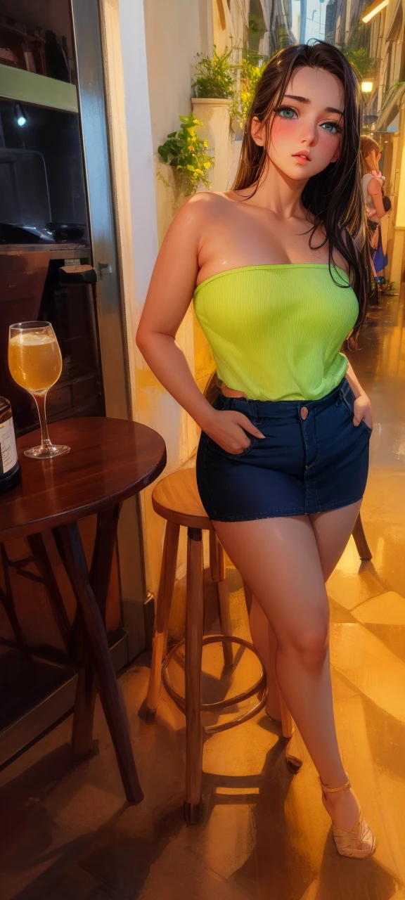 realisitic, 1girl, light hair , greeneyes, glare eyes, top cropped, overskirt, half-open lips, blush, luz  seios medio, bunda grande