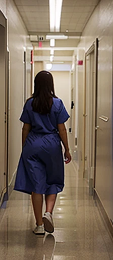 Distant viewpoint, In a wide corridor of a hospital we see at the far end a patient in a gown with her buttocks sticking out and visible.