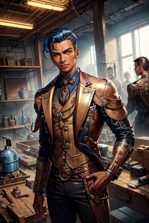 (Obra de arte, melhor qualidade:1.2), Slim brown man, ((cyborg)), copper skin, (golden eyes), ((steampunk)), suit, 50s fashion, black and blue hair, in the background an abandoned workshop, (waist up)