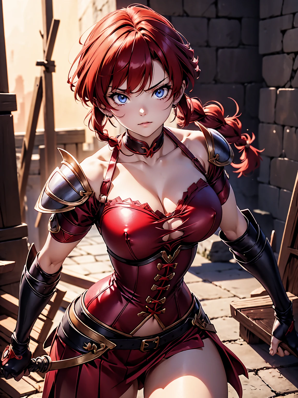 Garota anime sexly com cabelo ruivo com trança curta com armadura red, armor itself, 15year old, fluffy body, fluffy breasts, pose de luata, combat stance, garota sexly, red hair and braid, locks of hair on the side of the face, beautiful lighting, softshadows, blue colored eyes, pretty legs, short-hair, anime styling, ranma chan, Autora Rumiko Takahashi, Based on a work by Rumiko Takahashi, Anime Ranma 1/ 2, sexly, robust hip, fully body, busto sexly, young man with beautiful body, garota de 15year old jovem baixa estatura, wearing red armor and black corset, martial arts warrior with armor, anime girl, anime styling, plein-air, postura sexly, body in fighting stance, eyes large, bright red hair