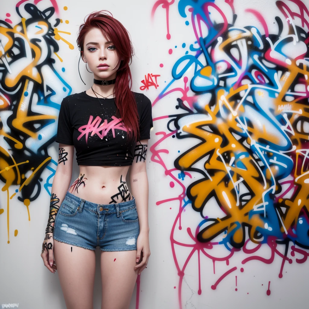 work of art, best qualityer, 1 girl, standing alone, top cut, Shorts jeans, choker, (graffit:1.5), ink spatter, arms behind the back, against the wall, gazing at viewer, clamp, thigh strap, paint on the body, tilt your head, bored, multicolored hair, water eyes, earphone,