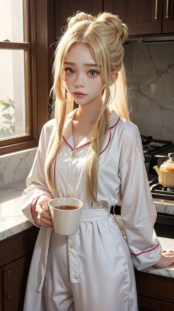 Ultra-realistic full-body shots. Long, straight, light blonde hair、A loose bun on top of the head、Ashley Olsen as a ager。, I'm wearing cute pajamas. She is having breakfast in the kitchen. Realistic face and body. Extremely intricate detail in the hair. 8K quality.