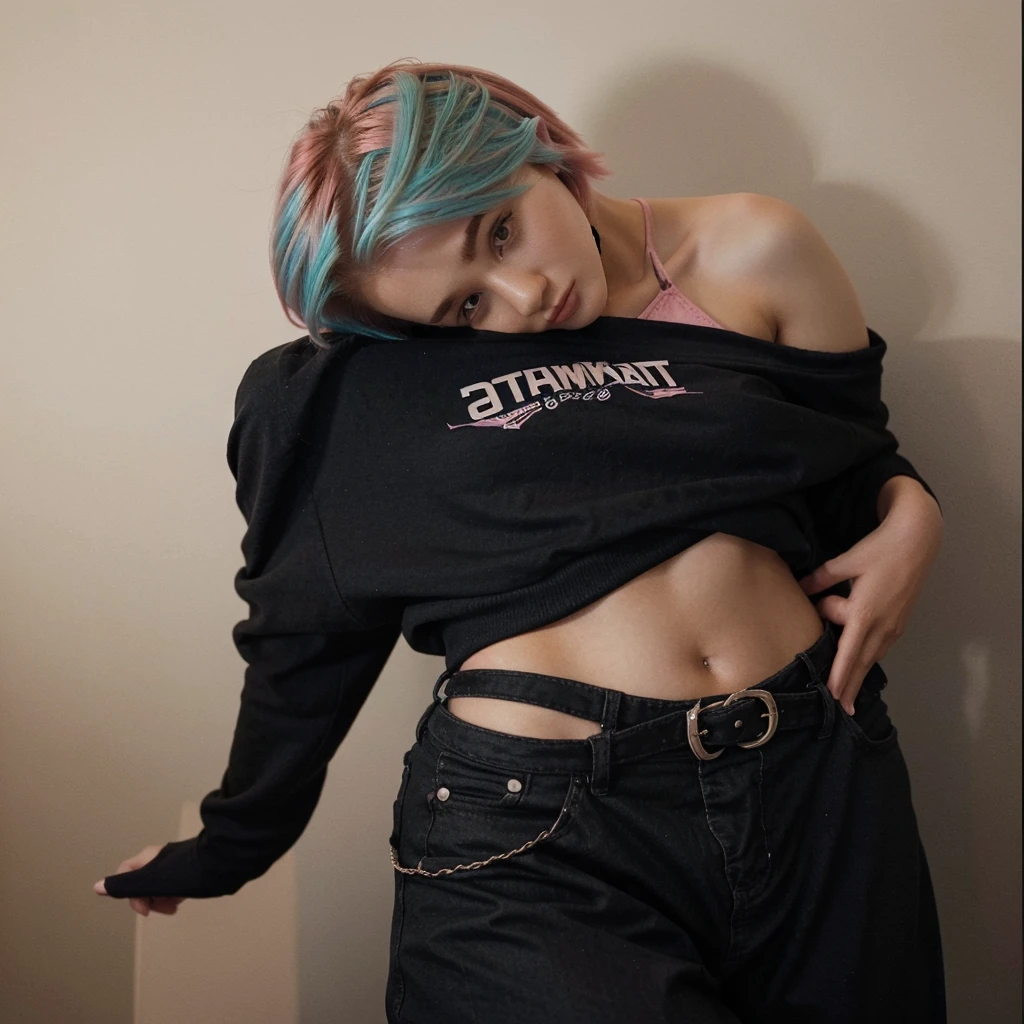 girl 21 years old, short shoulder-length hair, pink hair color
