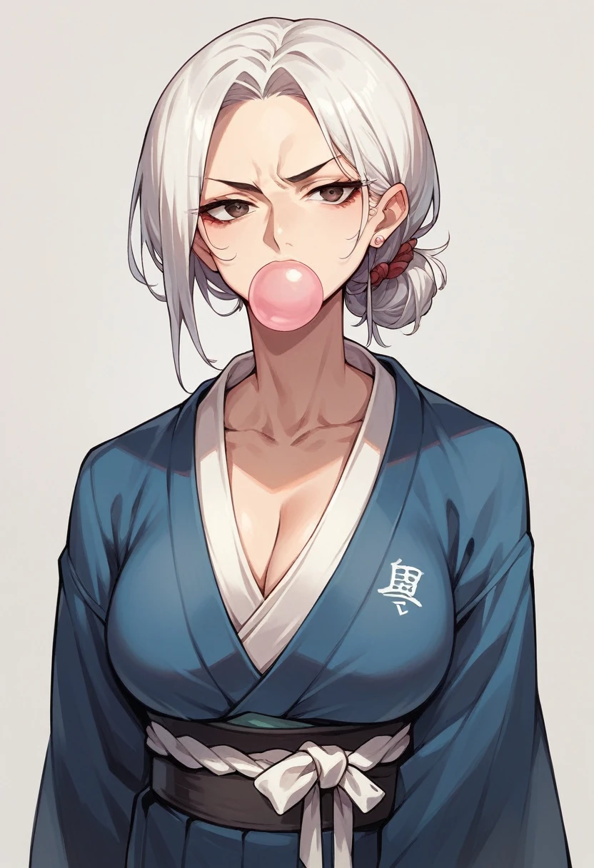 milf,japanese school clothes,white hair, chewing gum,serious look