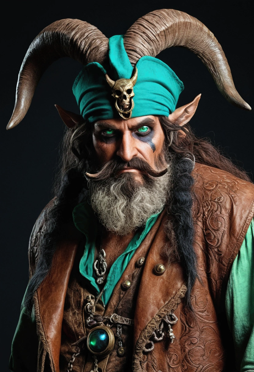 old faun, homely, evil, one blue eye and the other green, old brown corsair clothes. A pair of goat horns on the head. pirate. Black Beard.