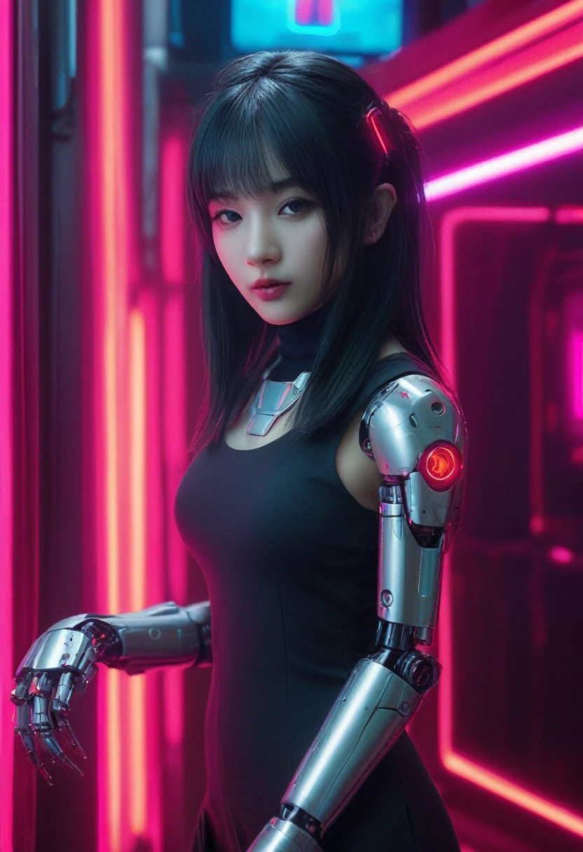 xxmixgirl. Highly detailed professional 35mm film, bokeh, face in sharp focus. A robotic female, Miku, with ((metal skin)), ((perfect Asian eyes)) with magenta irises and ((black pupils)), beautiful serious (detailed face), 18 year old ((photorealistic face)), very long magenta twin tails of magenta hair, twin black hair ties with a single red stripe. She may have a black audio headpiece. We can see her ((full body)) down to her boot soles. Her outfit is a sleeveless collared light grey shirt, outlined in red around the frilled collar and hems. Shiny reflective ((metallic breast cups, dimpleless)), invisible nipples. She wears black sleeves with red hems that start around her upper arm and bellow out as the sleeves open and extend to her wrists, with wide trumpet red rimmed cuffs. She has perfect robotic (detailed hands). She wears a red colored tie with two horizontal solid parallel black lines halfway across. She wears a fabric black skirt with a horizontal red hem at the bottom all the way around; her (((black skirt wraps around her))) and ((her skirt completely covers)) her robotic waist and thighs. Tall black boots with red bottom soles, a red rim around the top at her thighs. Her mechanical shoulder joints are visible. We can see her robotic legs and robotic neck. Half of her is covered with shiny polished machinery. The background is a distant dark neon futuristic Japanese city, gold, cyan, violet neon, near harbor or mountains.
