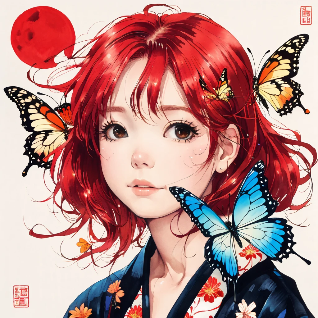 Girl、red hair、Butterfly、Hanafuda