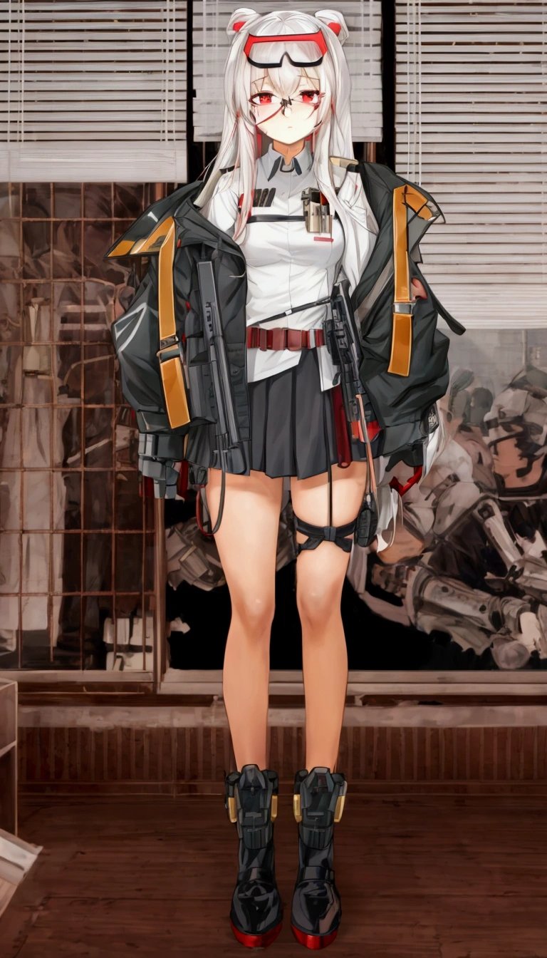 Anime girl in white shirt and black skirt standing in front of a window., front line girls style, from front line girls, fine details. front line girls, Kantai Collection Style, front line girls cg, front line girls universe, anime full body illustration, front line girls, de arknights, m4 sopmod ii front line girls, anime style, beautiful anime high school girl, red eyes, red and white hair, futuristic military type glasses placed on the head. 