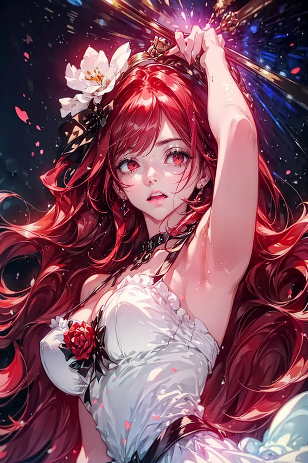 Ultra detailed, highres, absurdres, HDR, Nami, orange long hair, expressive brown eyes, pink petals, pink flowers, woman, One Piece, solo, extremely beautiful, very detailed face and eyes, white jacket with patterns, black long dress, pink background, fantasy, magical, glittering pink butterflies,