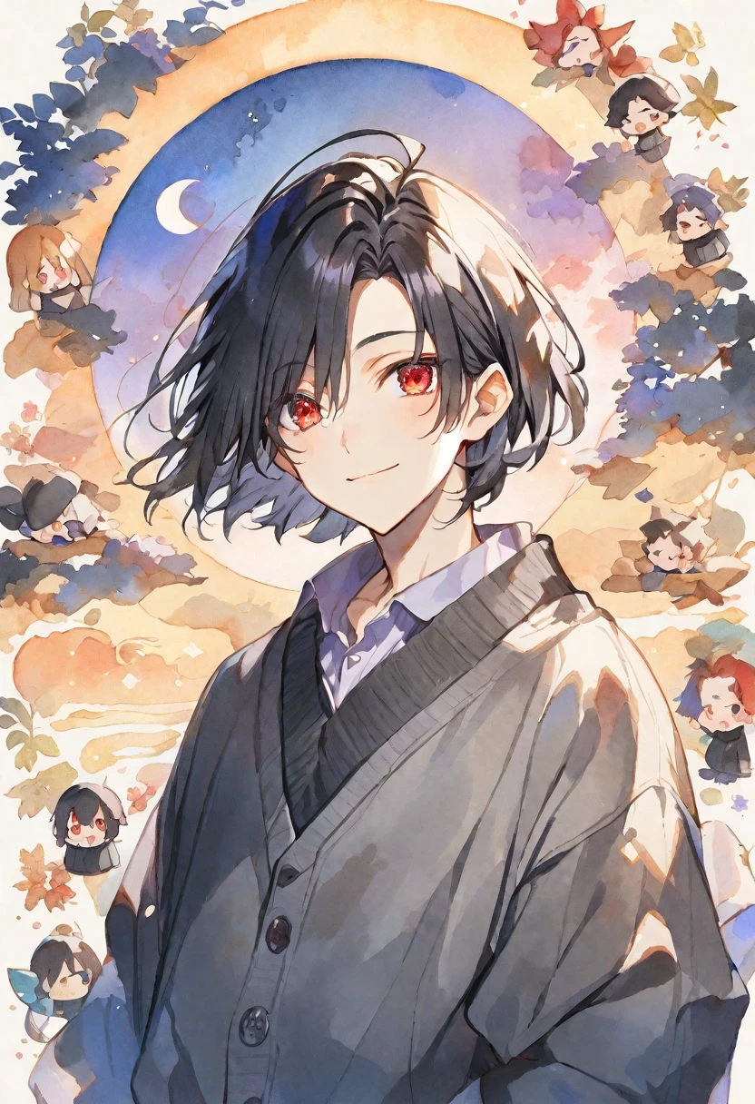 solo, handsome, Watercolor ,1/2, mini-character
1. male,
Straight hair, Bob hair,black Hair,red eyes&Soft look ,
Gojo Satoru,18 years old,black cardigan,sweater,skin,smile,moon background