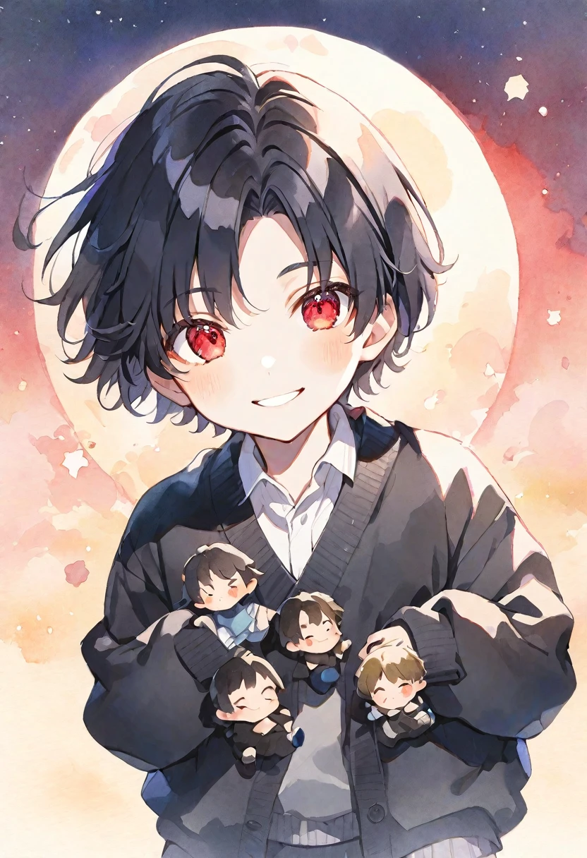 solo, handsome, Watercolor ,1/2, mini-character
1. male,
Straight hair, Bob hair,black Hair,red eyes&Soft look ,
Gojo Satoru,18 years old,black cardigan,sweater,skin,smile,moon background