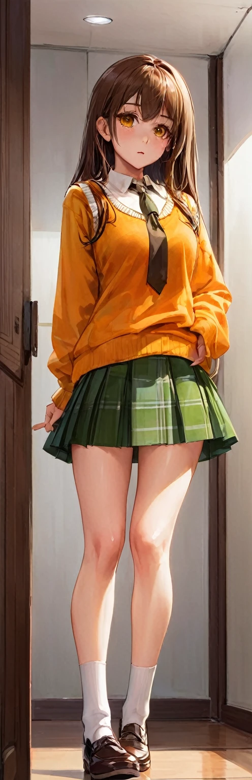 (masterpiece, Highest quality:1.2), One girl, alone,Are standing_Split, 
Yuki mandarin orange, Brown eyes, Brown Hair, hair ornaments,Long Hair,Green Check Skirt, Sainan High , , White shirt, Yellow sweater vest,No panties

