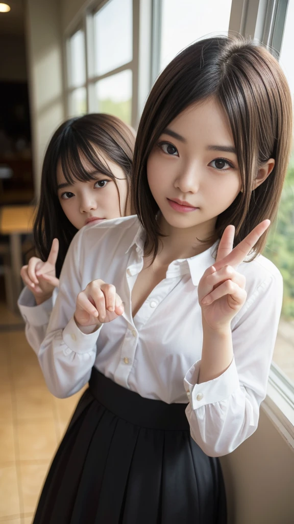 (Two natural strawberry blonde and redhead girls with pretty faces), (cute peace pose), wearing a white button shirt,  body, skinny, Atmospheric, Dark atmosphere, Edge lighting, Mao Akiyama、Sayaka Yamamoto、Jurina Matsui、Saito Asuka、Mao Akiyamaの顔の特徴8K, Full body portrait, elegant, Natural light, Spooky greenhouse at night, Sharp focus, (Highly detailed eyes and face, Professional photography techniques), (Beautiful small face, Beautiful Eyes, high nose, beautiful girl, high school , Idol Face, Baby Fasmile, Happy, K UHD, Hmph, Beautiful and soft skin, Vibrant Skin, blush, (Chirarizum:1.3, Unbutton a white shirt:1.2), (Beautiful breasts, Cleavage), (Small beautiful butt), (Detailed hands:1.2, Beautiful nails, The optimal ratio is four fingers to one thumb), Perfect proportions, (Perfect Anatomy:1.3), (Highest quality, Masterpiece, Highest quality, Ultra high definition, Photorealism:1.4), (Gaze at the viewer)