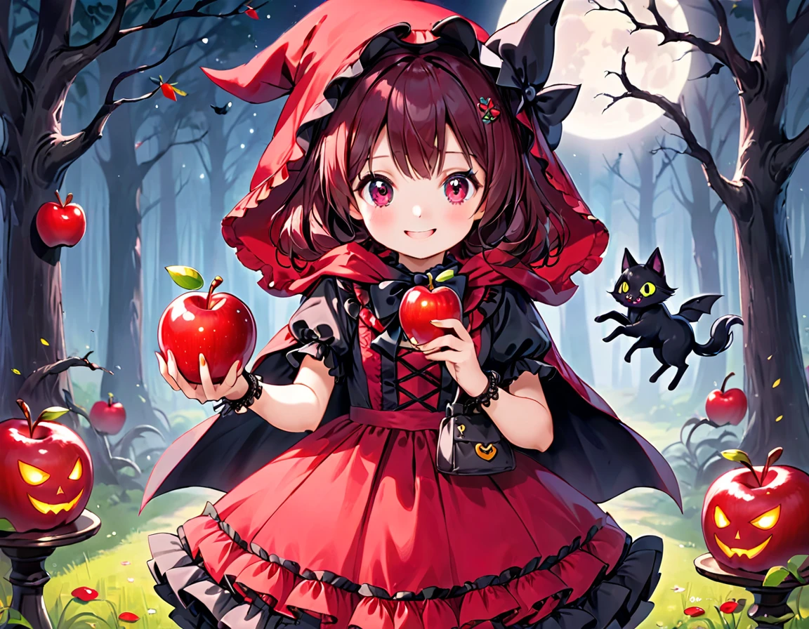 fairy tale Little Red Riding Hood A cute girl wearing a cute red ta-style dress Adorable smile A witch with a black scary face hands an apple to a