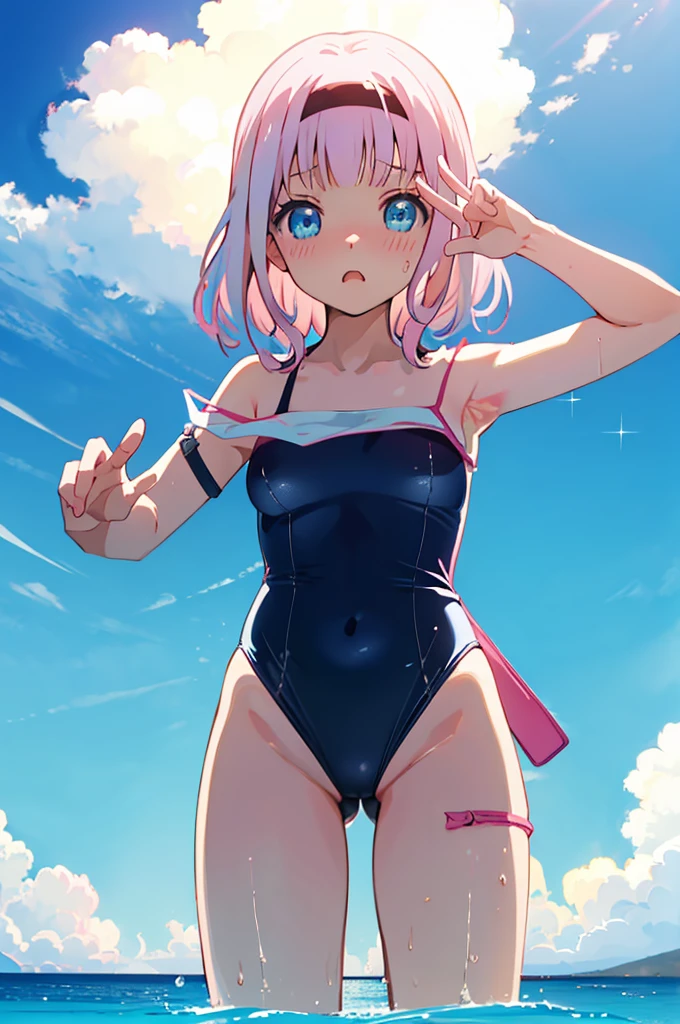 Cute Swimsuit、Random Swimsuit、Acme Face、Random pose、, Medium Hair、、pale blue eyes、Pink Hair、nsfw、Highest quality、1 girl、solo、Ocean、Sandy Beach、Sexy pose、Random pose、Blushing、wet、Embarrassed、I can see half of my 、、One piece swimsuit、(Strap slip:1.3)