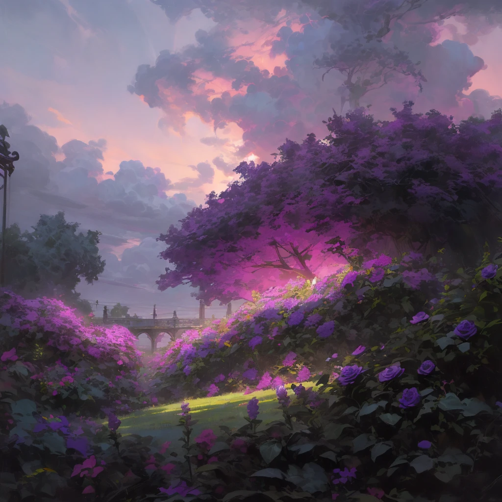 a lush rose and violet seringa garden at dusk, dramatic purple grass, no people, detailed clouds in the sky, intricate foliage, beautiful lighting, highly detailed, cinematic, vibrant colors, photorealistic