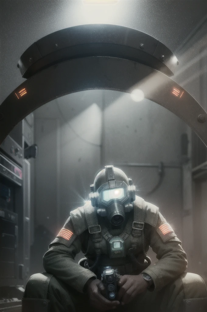 Fallout New Vegas, Man sitting on something, Pip Boy, tunnel, safe, (Face masks:0.1), (Breathing tube:0.5), headphone, WWII German Helmet with Flashlight , Burning Fire, whole body, Contaminated wasteland, Foggy, Volumetric lighting, Neon Light, Cinema Helper-1000, [Bokeh], Lens effects, (Glare:1.5), bloom, Anamorphic Lens