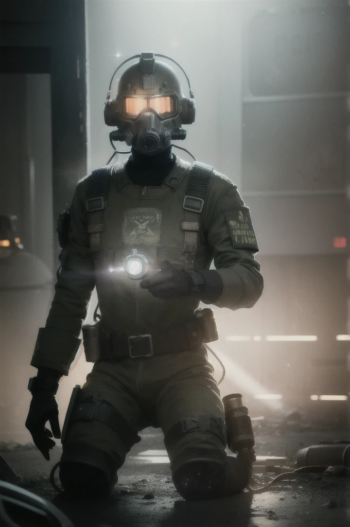 Fallout New Vegas, Man sitting on something, Pip Boy, tunnel, safe, (Face masks:0.1), (Breathing tube:0.5), headphone, WWII German Helmet with Flashlight , Burning Fire, whole body, Contaminated wasteland, Foggy, Volumetric lighting, Neon Light, Cinema Helper-1000, [Bokeh], Lens effects, (Glare:1.5), bloom, Anamorphic Lens