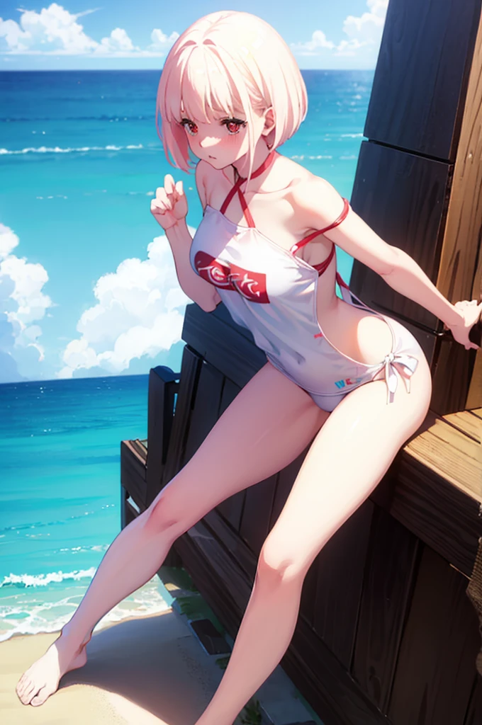 Random Swimsuit,,Blushing、Pale red eyes、Light cream colored hair、short hair、Head to toe full body、Blushing、Embarrassed look、Composition from the front、A view from slightly below、school swimwear、Acme Face、Random pose、, 、nsfw、Highest quality、1 girl、solo、Ocean、Sandy Beach、Sexy pose、Random pose、Blushing、Wet、Embarrassed、I can see half of my 、、One piece swimsuit、(Strap slip:1.3)、