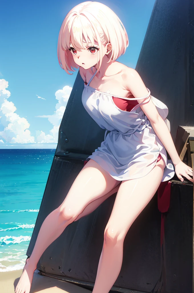 Random Swimsuit,,Blushing、Pale red eyes、Light cream colored hair、short hair、Head to toe full body、Blushing、Embarrassed look、Composition from the front、A view from slightly below、school swimwear、Acme Face、Random pose、, 、nsfw、Highest quality、1 girl、solo、Ocean、Sandy Beach、Sexy pose、Random pose、Blushing、Wet、Embarrassed、I can see half of my 、、One piece swimsuit、(Strap slip:1.3)、