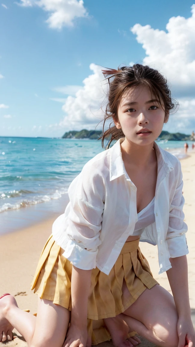 (((Top-down configuration:1.33)))、(((A strong wind is blowing、Her hair and skirt are flying、Kneel, Open shirt:1.68、Pleated skirt、Leaning forward:2.25)))、((No underwear:1.55))、One Girl、Beautiful and detailed eyes and face、barefoot、20 year old cute Japan woman, ((Extremely precise and accurate anatomy:1.0)), (photo Realistic:1.4), (hyper Realistic:1.4), (最高品質のRealisticな肌の質感:1.4), (Improvement of quality:1.4), (Enhances the beauty of skin texture:1.1), Clean and glowing skin, mesh, thin:1.2, (Realistic:1.3), Realisticなライティング, (Smoother lighting:1.05), (Improving the quality of cinema lighting:0.9), Backlight, A gentle light on your face, Ray Tracing, (Bright light:1.2), 32k, One Japanese woman, fine grain, Detailed face, (Film Grain:1.1),(Accentuates body lines:1.1), High resolution, Natural look, Kind eyes, Improves hair quality, Delicate light and shadow, Transparent muscles, Graceful pose, Beautiful Eyes, Sharp details, Soft light reflection, Beautiful contours, Delicate skin tone, Fine hair texture, Natural background, sunny day、Beach、splash、Sandy Beach、Light of the sun、clear blue sea、The waves crash quietly、Blue sky and white clouds、green mountain々、Beautiful Nature、The joys of youth
