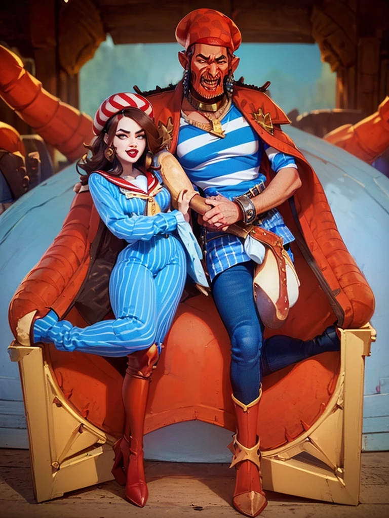 (warhammer fantasy style), gigantic (Khorne the Blood God:1.5) , looking like a (giant blood Demon:1.4), (but he's dressed as a French citizen, wearing a blue and white striped sailor shirt and handling a baguette with a beret:1.4), sitting on a throne, blood and skull throne background