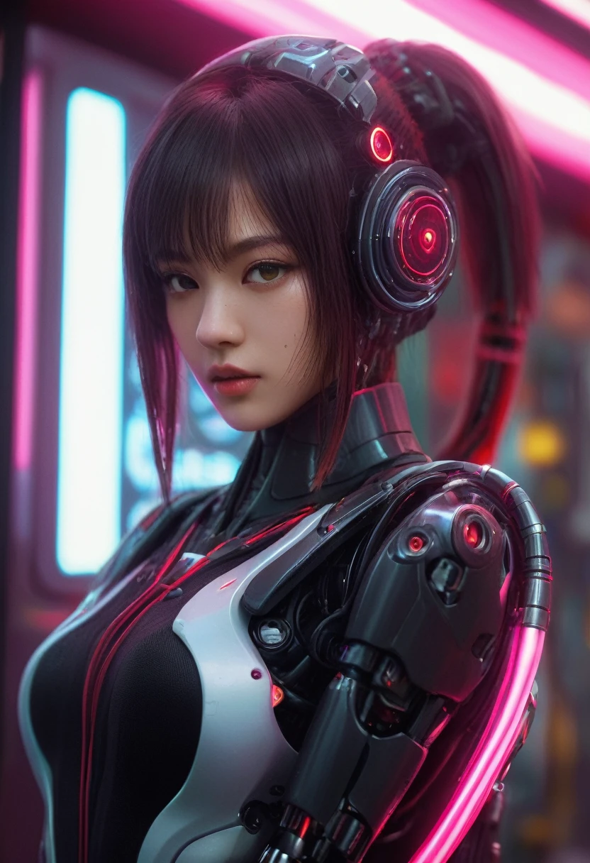 xxmixgirl. Highly detailed professional 35mm film, bokeh, face in sharp focus. A robotic female, Miku, with ((metal skin)), ((perfect Asian eyes)) with magenta irises and ((black pupils)), beautiful serious (detailed face), 18 year old ((photorealistic face)), very long magenta twin tails of magenta hair, twin black hair ties with a single red stripe. She may have a black audio headpiece. We can see her ((full body)) down to her boot soles. Her outfit is a sleeveless collared light grey shirt, outlined in red around the frilled collar and hems. Shiny reflective ((metallic breast cups, dimpleless)), invisible nipples. She wears black sleeves with red hems that start around her upper arm and bellow out as the sleeves open and extend to her wrists, with wide trumpet red rimmed cuffs. She has perfect robotic (detailed hands). She wears a red colored tie with two horizontal solid parallel black lines halfway across. She wears a fabric black skirt with a horizontal red hem at the bottom all the way around; her (((black skirt wraps around her))) and ((her skirt completely covers)) her robotic waist and thighs. Tall black boots with red bottom soles, a red rim around the top at her thighs. Her mechanical shoulder joints are visible. We can see her robotic legs and robotic neck. Half of her is covered with shiny polished machinery. The background is a distant dark neon futuristic Japanese city, gold, cyan, violet neon, near harbor or mountains.