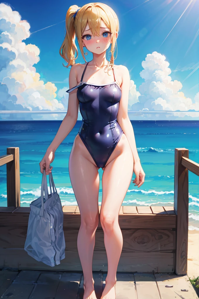 Cute Swimsuit,Random Swimsuit,Blushing、blondes、ponytail、pale blue eyes、Head to toe full body、Blushing、Embarrassed look、Composition from the front、A view from slightly below、school swimwear、Acme Face、Random pose、, 、nsfw、Highest quality、1 girl、solo、Ocean、Sandy Beach、Sexy pose、Random pose、Blushing、wet、Embarrassed、I can see half of my 、、One piece swimsuit、(Strap slip:1.3)、