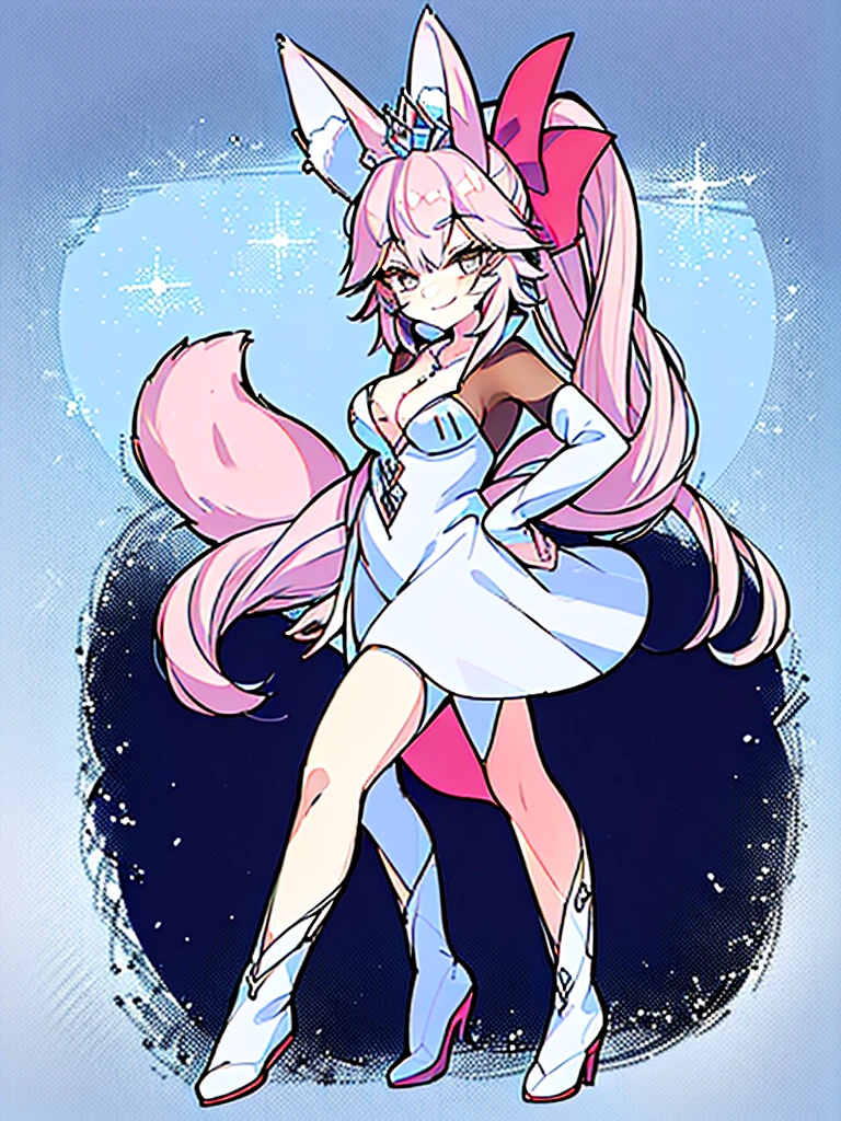 great quality ++ Extremely detailed high resolutionolution, very aesthetic, expressive eyes, (((Perfect face))), (((face symmetrical))), ((good anatomy)), (((perfect hands))), (((8k))), UHD, hd wallpaper, (((detailed high cal, (((((1girl)))))), only, Masterpiece, The best quality, high resolution, Highly detailed, (illustration), Beautiful detailed eyes, ((((full body))), (((solo))), (((((koyan-la1))))), (((smiling))), (((fusion))), (((agglutination))), (((Combination))), (((((White hair))))), (((blue eyes))), (((ponytail))), (((white dress))), (((jewelry))), (((necklace))), (((earrings))), only, jaeces, earrings, long hair, parody, (((scar))), (((scar ocular))), (((hair ornament))), (((winter castle background))), (((hand on hip))), (((strolling))), Side ponytail, scar en la cara, Upper part of the body, (((fox tail))), (((fox ears))), (((tiara))), (((jewelry))), (((earrings))), (((neckline trimming))),