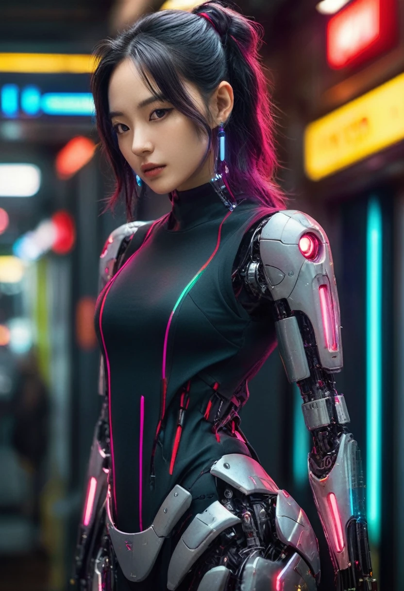 xxmixgirl. Highly detailed professional 35mm film, bokeh, face in sharp focus. A robotic female, Miku, with ((metal skin)), ((perfect Asian eyes)) with magenta irises and ((black pupils)), beautiful serious (detailed face), 18 year old ((photorealistic face)), very long magenta twin tails of magenta hair, twin black hair ties with a single red stripe. She may have a black audio headpiece. We can see her ((full body)) down to her boot soles. Her outfit is a sleeveless collared light grey shirt, outlined in red around the frilled collar and hems. Shiny reflective ((metallic breast cups, dimpleless)), invisible nipples. She wears black sleeves with red hems that start around her upper arm and bellow out as the sleeves open and extend to her wrists, with wide trumpet red rimmed cuffs. She has perfect robotic (detailed hands). She wears a red colored tie with two horizontal solid parallel black lines halfway across. She wears a fabric black skirt with a horizontal red hem at the bottom all the way around; her (((black skirt wraps around her))) and ((her skirt completely covers)) her robotic waist and thighs. Tall black boots with red bottom soles, a red rim around the top at her thighs. Her mechanical shoulder joints are visible. We can see her robotic legs and robotic neck. Half of her is covered with shiny polished machinery. The background is a distant dark neon futuristic Japanese city, gold, cyan, violet neon, near harbor or mountains.