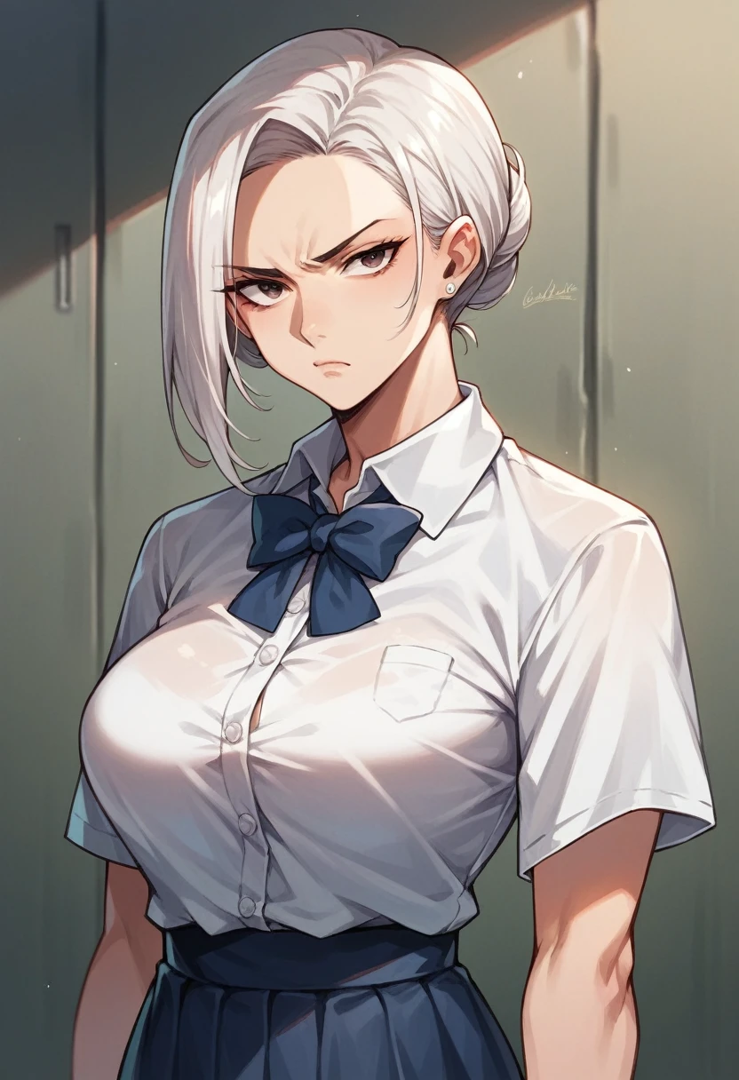 milf,brunette skin, japanese school dress,white hair,serious look,