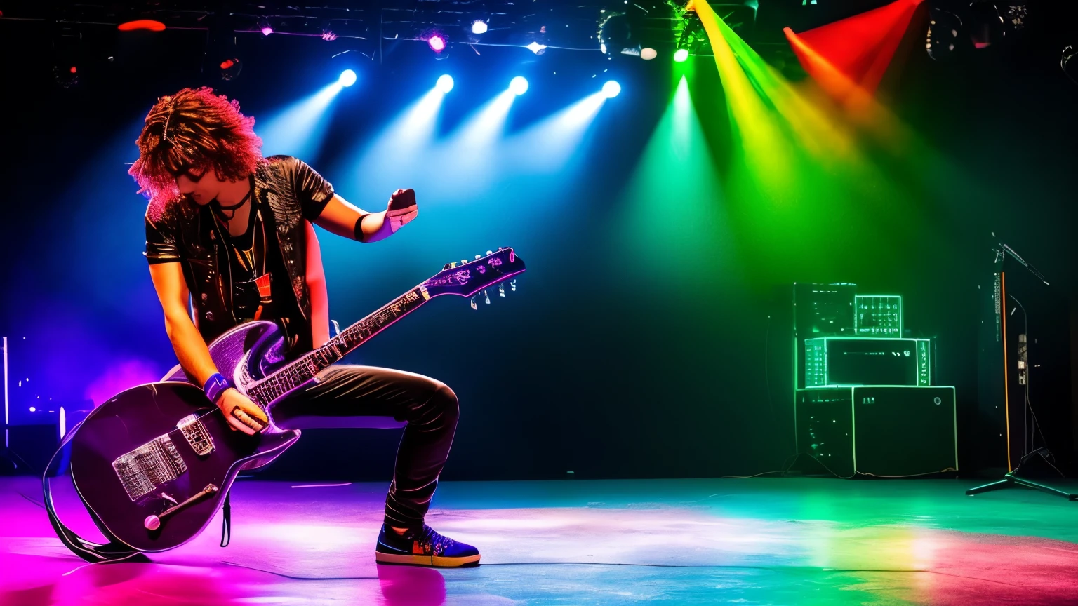 criar um rock star guitarrist playing eletric guitar,rainbow color clothes, METALIC, eletronic style, on stage, lights, ELETRIC guitar STYLE. 8K,ON STAGE, UNIQUE 