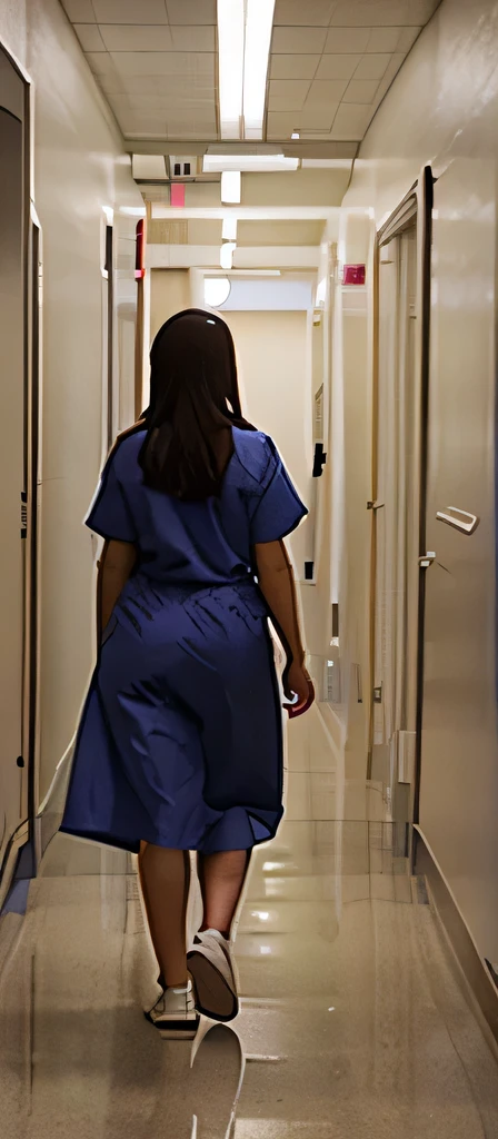 Distant viewpoint, In a wide corridor of a hospital we see at the far end a patient in a gown with her buttocks sticking out and visible.