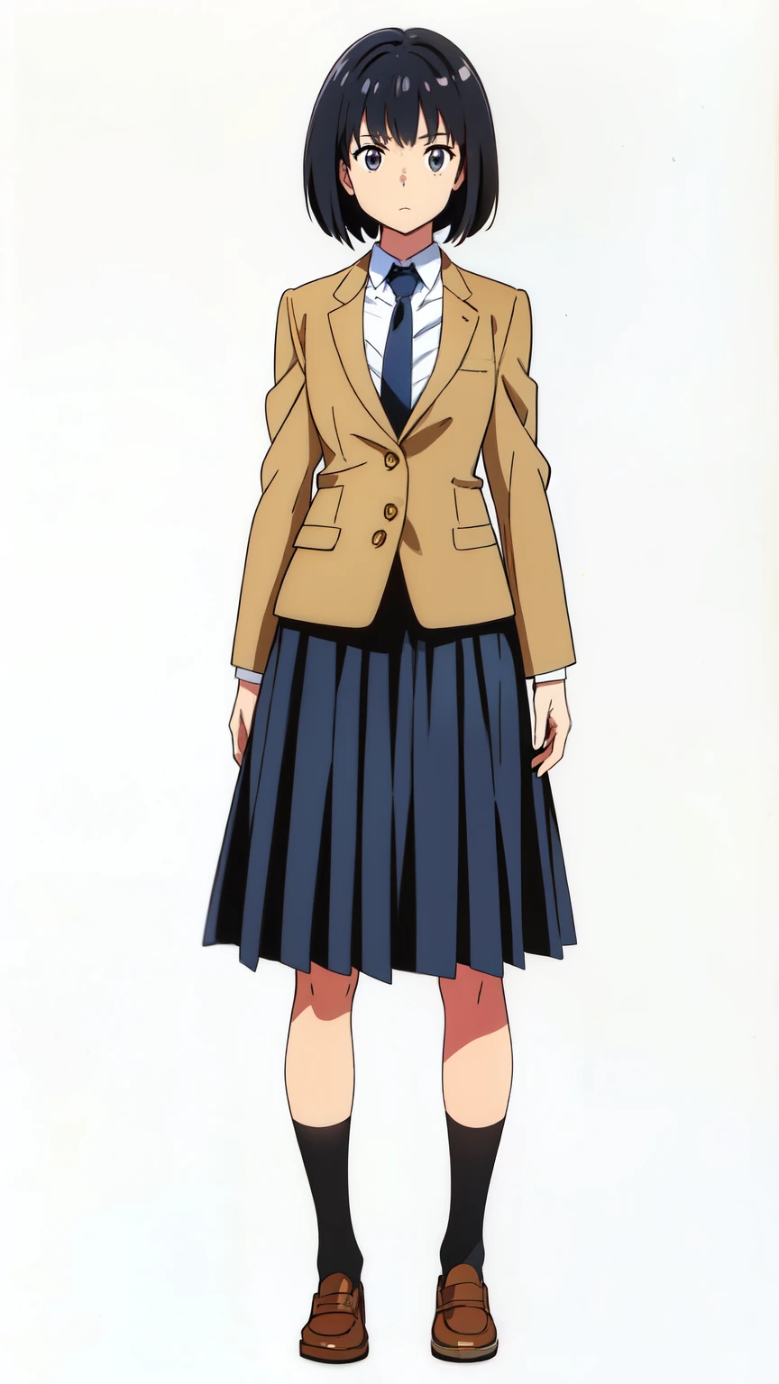 (white background:1.0), (best quality:1.0), (masterpiece:1.0), (super fine illustration:1.0), (beautiful artwork:1.0), (anime screencap:1.0), (official art:1.0), (full body:1.0), (solo:1.0), (HSGA:1.0), (a 18yo cute girl:1.0), (long skirt:1.0), (dark blue skirt:1.0), (pleated skirt:1.0), (school uniform beige blazer:1.0), (dark blue necktie:1.0), (loafers:1.0), (black socks:1.0), (ideal ratio body proportions:1.0), (lanky:1.0), (tall:1.0), (slender:1.0), (small breasts:1.0), (smaller face:1.0), (tareme:1.0), (detailed beautiful eyes:1.0), (detailed beautiful face:1.0), (glowing black eyes:1.0), (bob cut hair:1.0), (black hair:1.0), (standing:1.0), (looking at viewer:1.0)