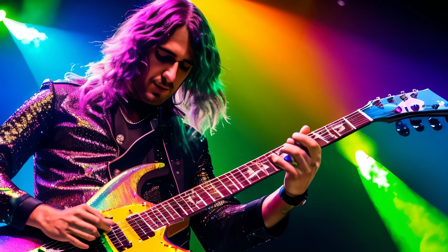 criar um rock star guitarrist playing eletric guitar,rainbow color clothes, METALIC, eletronic style, on stage, lights, ELETRIC guitar STYLE. 8K,ON STAGE, UNIQUE