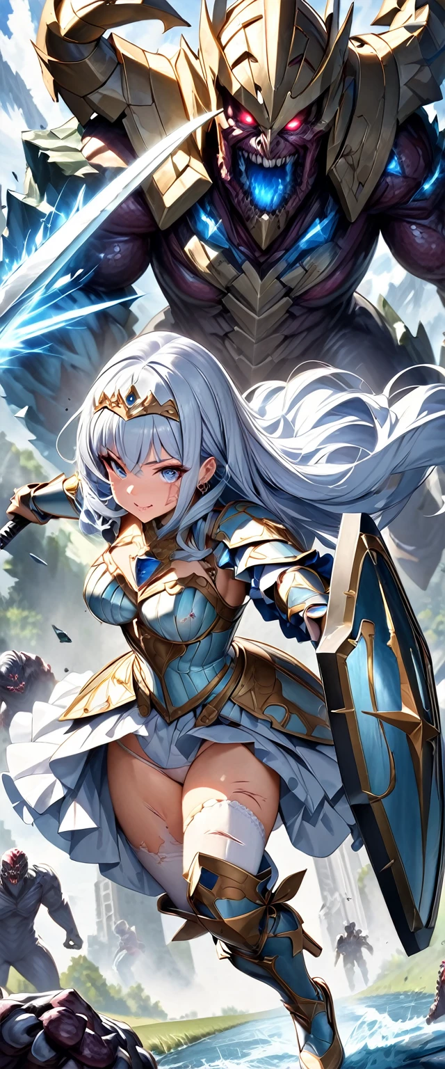 (Perfect Anatomy)、Mastepiece、Ultra High Quality、 8K、masterpiece、Highest quality、Ultra-high resolution、Maximum resolution、Very detailed、Professional Lighting、anime、woman、thin、so beautiful、Highly detailed eye、Highly detailed face、Blue and white armor, , Golden decorated luxury tiara,Golden earrings,Frilly Armor,Light blue hair, blue eyes,White underwear、Gloss Lip、Pink Lips、grassland, full body, dynamic angle, dynamic pose, Heroic pose, pillars of ice, (((long sword))), (((shield))), Defending with water magic, Making eyes glow, attack, Swinging down a sword, goddess armor, high heels, floating hair, (Monsters attack:1.8), Freezing opponents with ice magic, victory pose、(I injured:1.8)