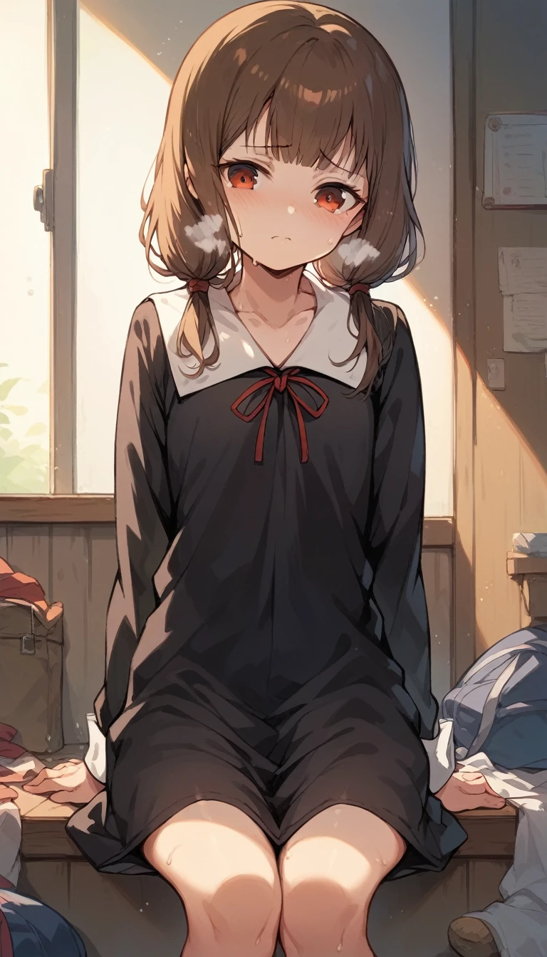 Browsing Caution,Sweat,White Breath,Kaguya-sama: Love is War,Iino Miko,room,Standing posture,brown hair low twintails,Change of clothes,uniform,Front view,sit,Open your legs in an M shape