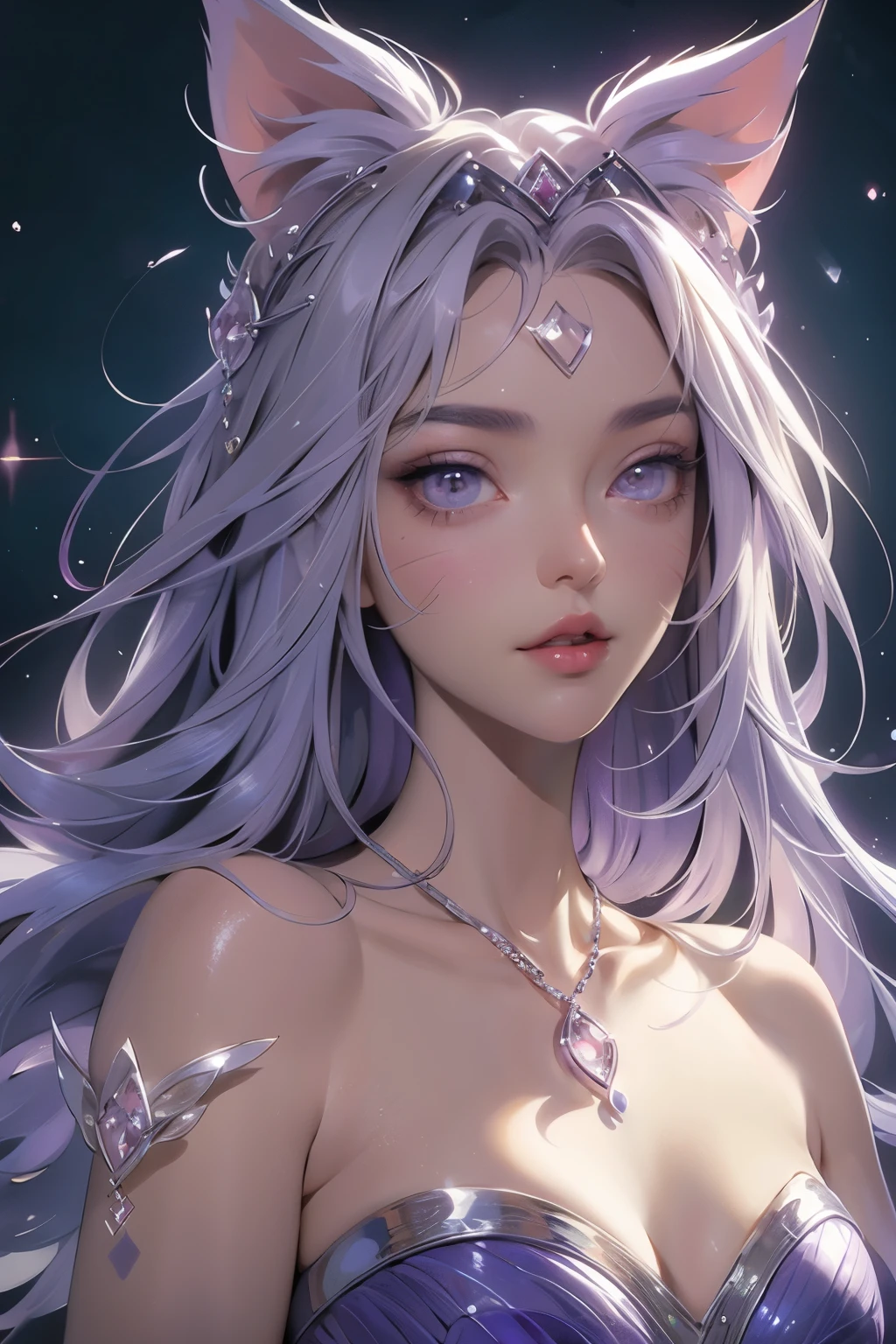 ((best quality)), ((masterpiece)), (detailed), detailed eyes, detailed hands, full-body image, humanoid kitsune, diamond crown, light purple hair, light purple fox ears, purple clear crystal fox tails, purple crystal star marking on forehead, delicate and beautiful detailing, beautiful clear face and well-proportioned detailed eyes, round detailed eyes and makeup, beautiful detailed and clear eyes, volume smooth and sharp, long flat bangs, fictional art, best photos, high resolution, best quality, best photos, very beautiful and meticulous markings, delicate,