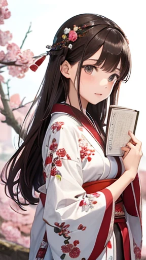 Une jeune fille japonaise, 20 ans, brune et cheveux mi-longs attachés, un visage doux et rassurant, elle porte un kimono rouge et blanc avec des motifs floraux, assise contre le tronc d'un cerisier japonais en fleur, elle tient un livre à la main, regard fixé vers l'objectif, face caméra, visage détaillé, style manga , animé 
