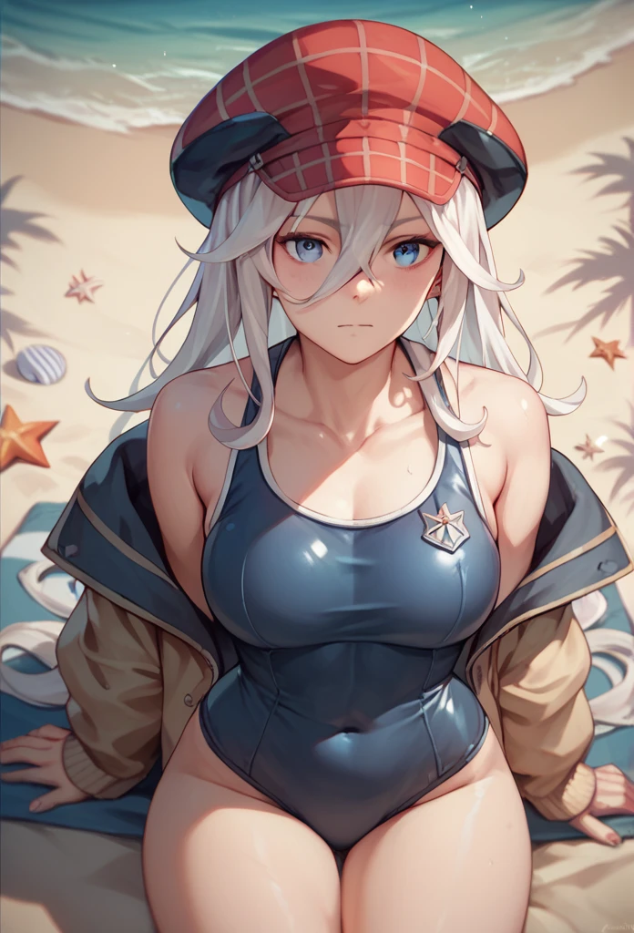 Score_9, Score_8_top, Score_7_top, One girl, Alisa Ilinichina Amiela, alone, white hair, long hair, blue eyes, hair between eyes, red hat, beach, old navy blue school swimsuit