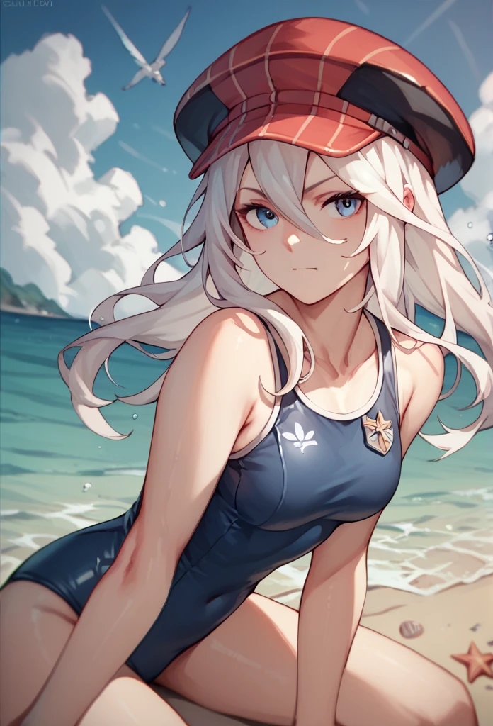 Score_9, Score_8_top, Score_7_top, One girl, Alisa Ilinichina Amiela, alone, white hair, long hair, blue eyes, hair between eyes, red hat, beach, old navy blue school swimsuit