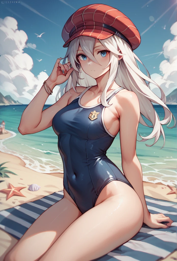 Score_9, Score_8_top, Score_7_top, One girl, Alisa Ilinichina Amiela, alone, white hair, long hair, blue eyes, hair between eyes, red hat, beach, old navy blue school swimsuit