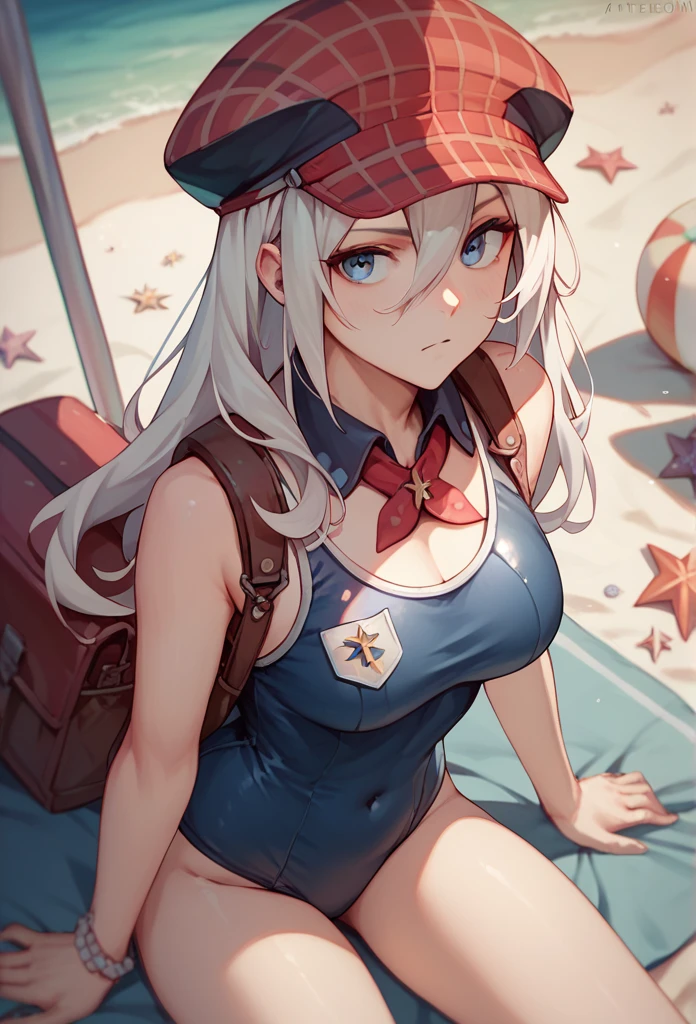 Score_9, Score_8_top, Score_7_top, One girl, Alisa Ilinichina Amiela, alone, white hair, long hair, blue eyes, hair between eyes, red hat, beach, old navy blue school swimsuit