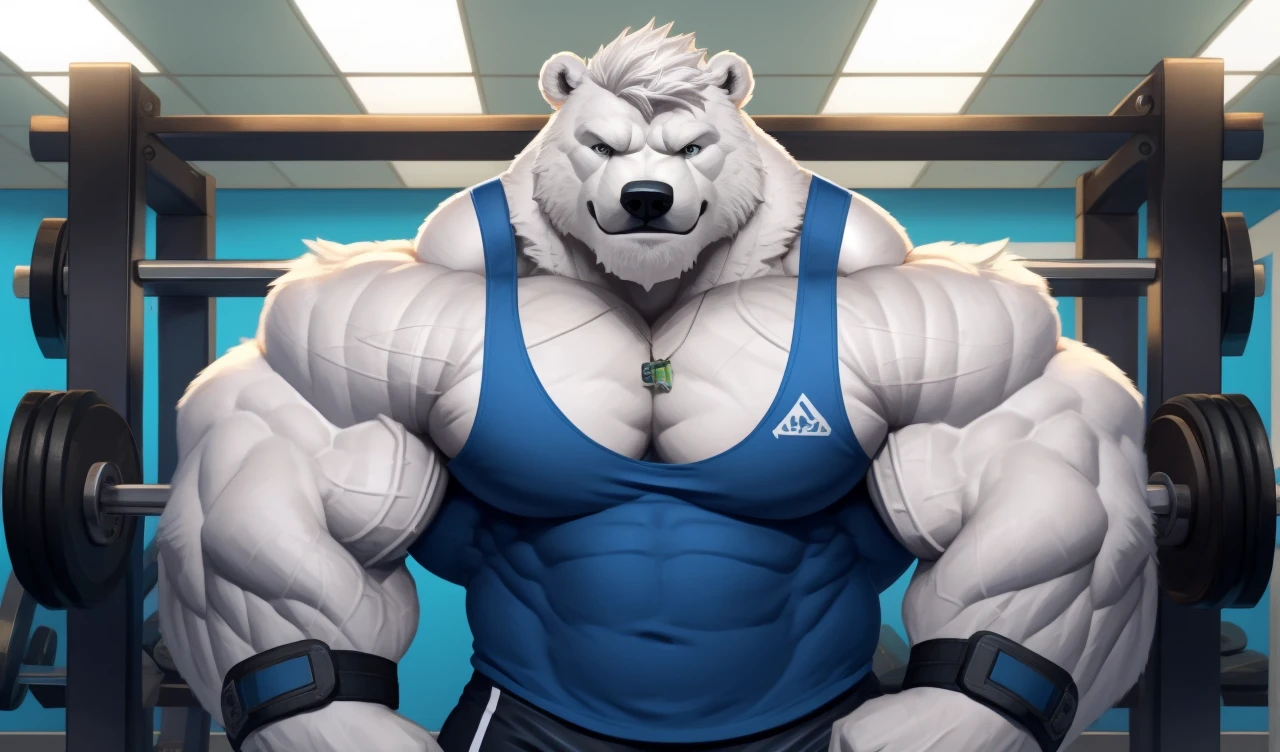 Brock Ólafsson The Huge Muscled Polar Bear, with White Hair, Blue Tank Top, Black Wristbands and Black Gym Shorts, Flexing His Thorax.