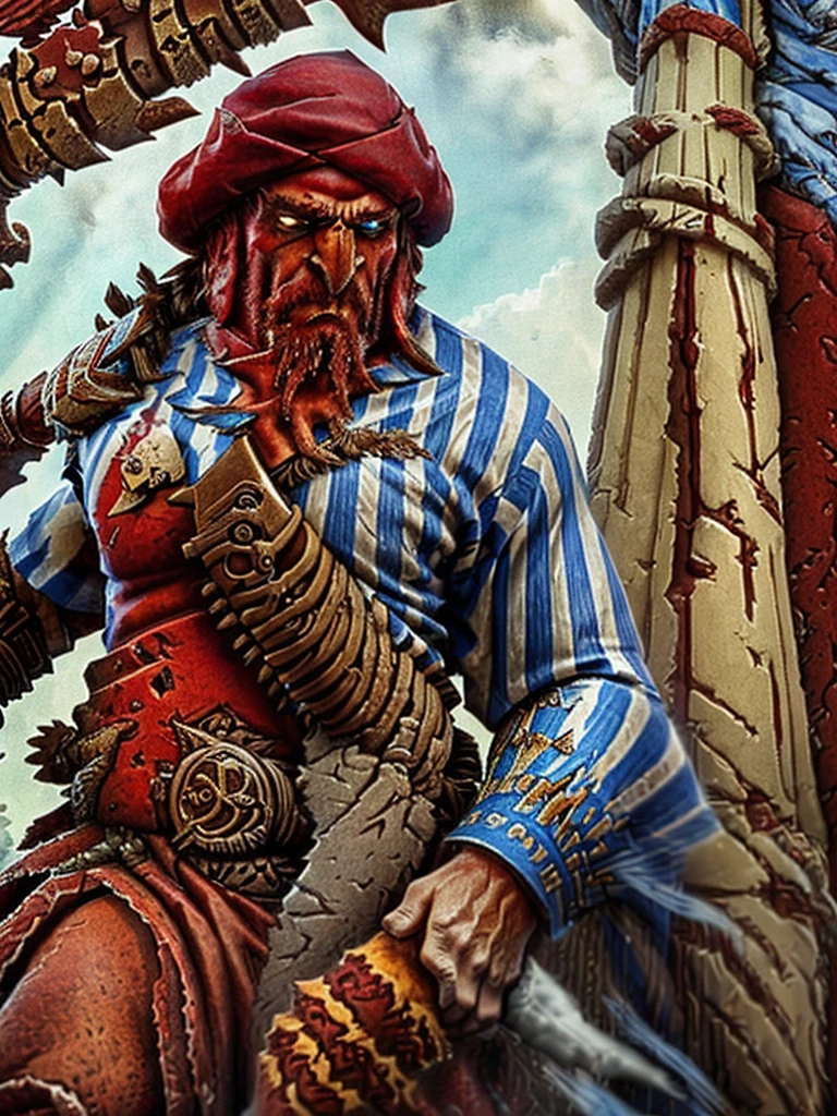 (warhammer fantasy style), gigantic (Khorne the Blood God:1.5) , looking like a (giant blood Demon:1.4), (but he's dressed as a French citizen, wearing a blue and white striped sailor shirt and handling a baguette with a beret:1.4), sitting on a throne, blood and skull throne background