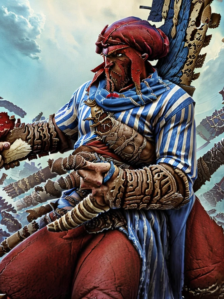 (warhammer fantasy style), gigantic (Khorne the Blood God:1.5) , looking like a (giant blood Demon:1.4), (but he's dressed as a French citizen, wearing a blue and white striped sailor shirt and handling a baguette with a beret:1.4), sitting on a throne, blood and skull throne background