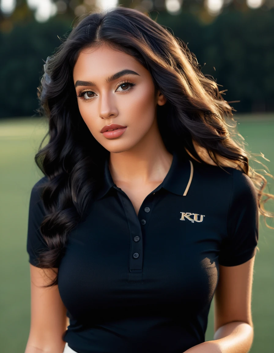 (best quality,4k,highres, highres face details), black long wavy hair, wearing a black polo shirt, 18 years old, instagram model, 36DD breast, pretty face, dark makeup, fake lashes, natural lips, dark skin, she is skinny, athletic body, she is caucasian, golden hour, huge breast 36DD, posing, sexy, sensual vibes, whole body image, from head to toes